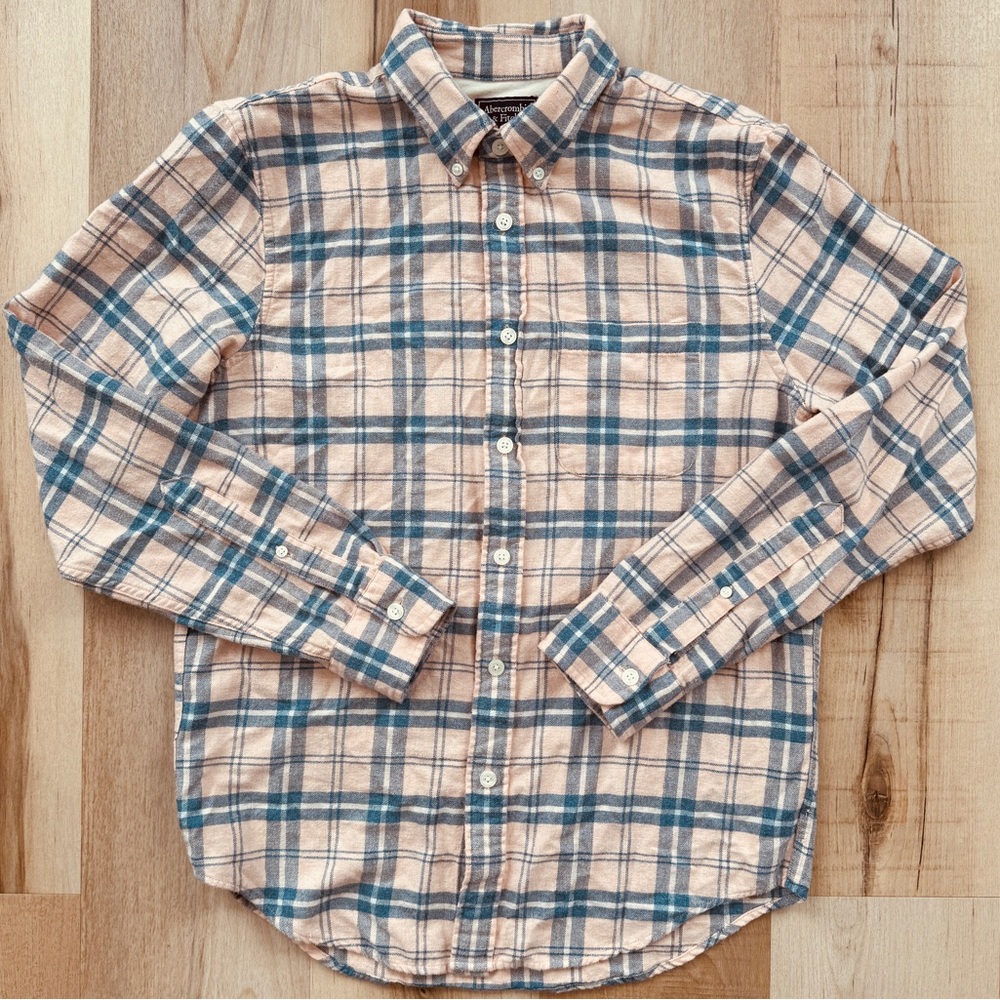 Abercrombie & Fitch Flannel Plaid Button Up Shirt Peach Blue White